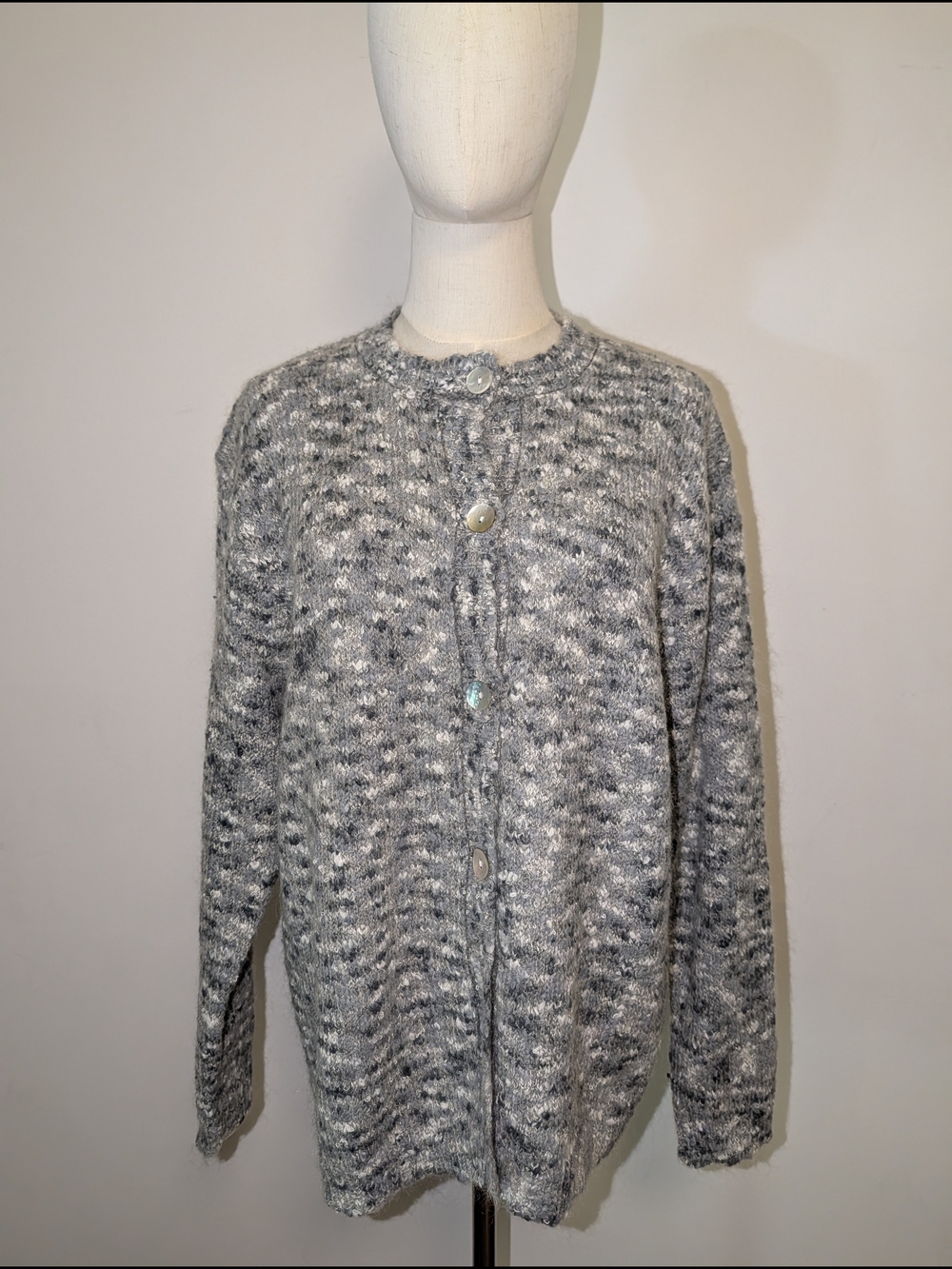 Gray Marled Mohair Blend Button-Up Knit Cardigan
